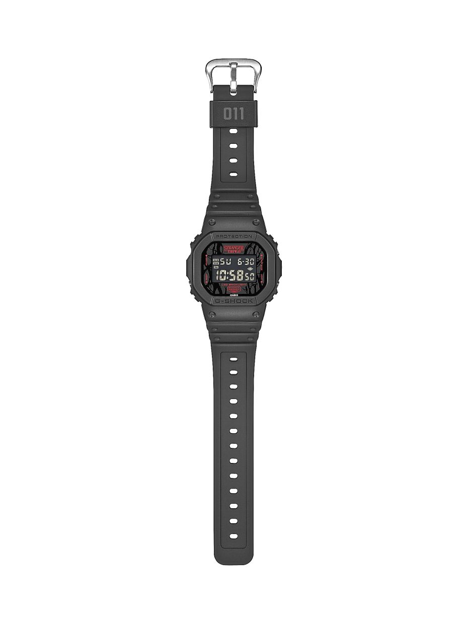 The G-SHOCK DW-5600STT-1 features the vines of antagonist Vecna on the dial, and 011 referencing the primary protagonist Eleven on the band loop. 