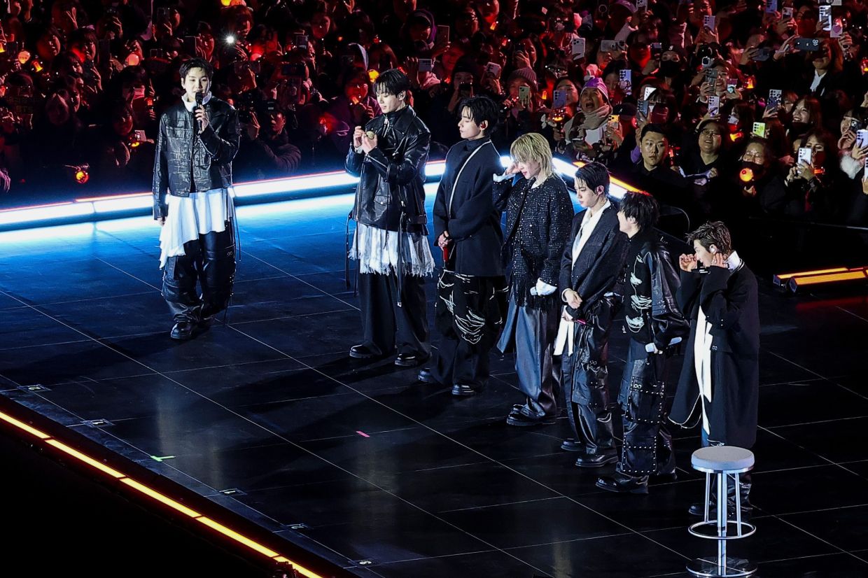 Kpop group BTS on stage during 'BTS The Comeback Live Arirang' concert in central Seoul, South Korea, March 21, 2026. – AP