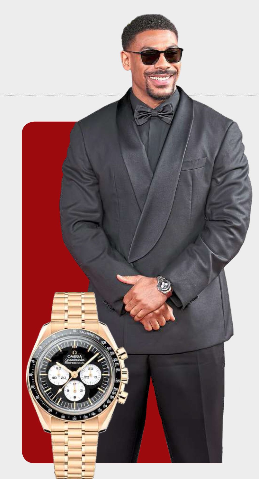 Aaron Pierre dons a 42mm Omega Speedmaster Moonwatch Professional in 18K Moonshine Gold. — Photo: Neil Mockford/FilmMagic, courtesy of Omega