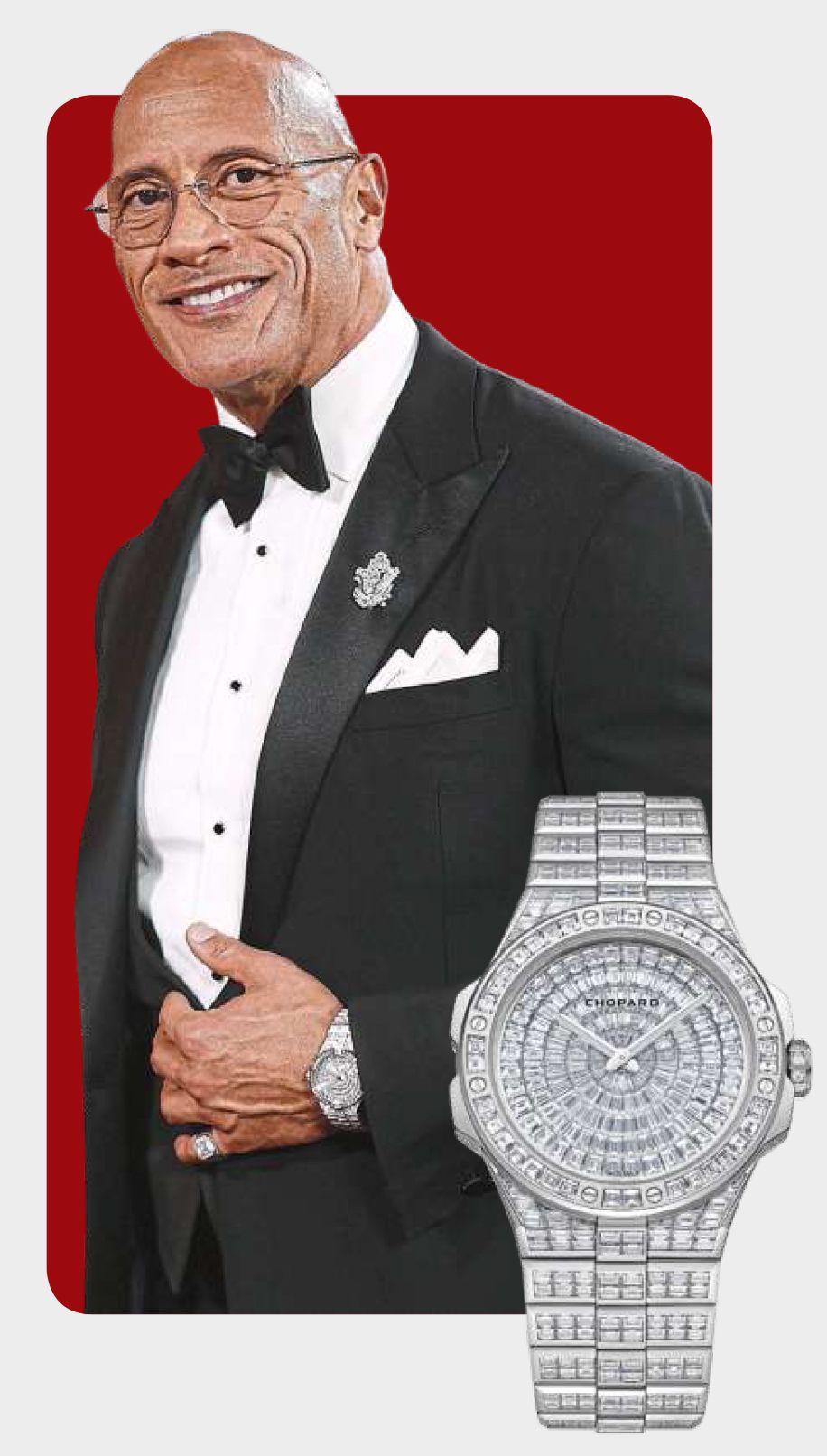 Dwayne Johnson wears a Chopard Alpine Eagle 41 XP Frozen Summit in 18K white gold and diamonds. — WireImage, courtesy of Chopard