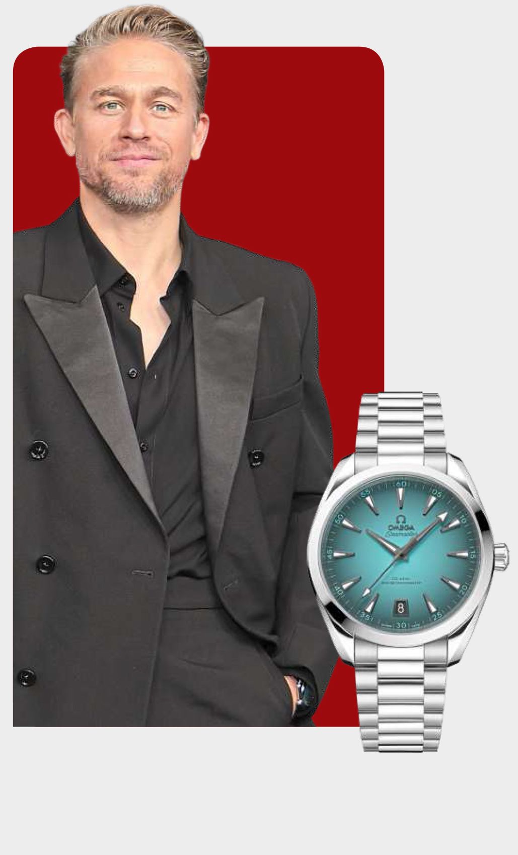 Charlie Hunnam wears a 41mm Omega Seamaster Aqua Terra with a turquoise gradient dial. — Photo: Savion Washington/WireImage, courtesy of Omega