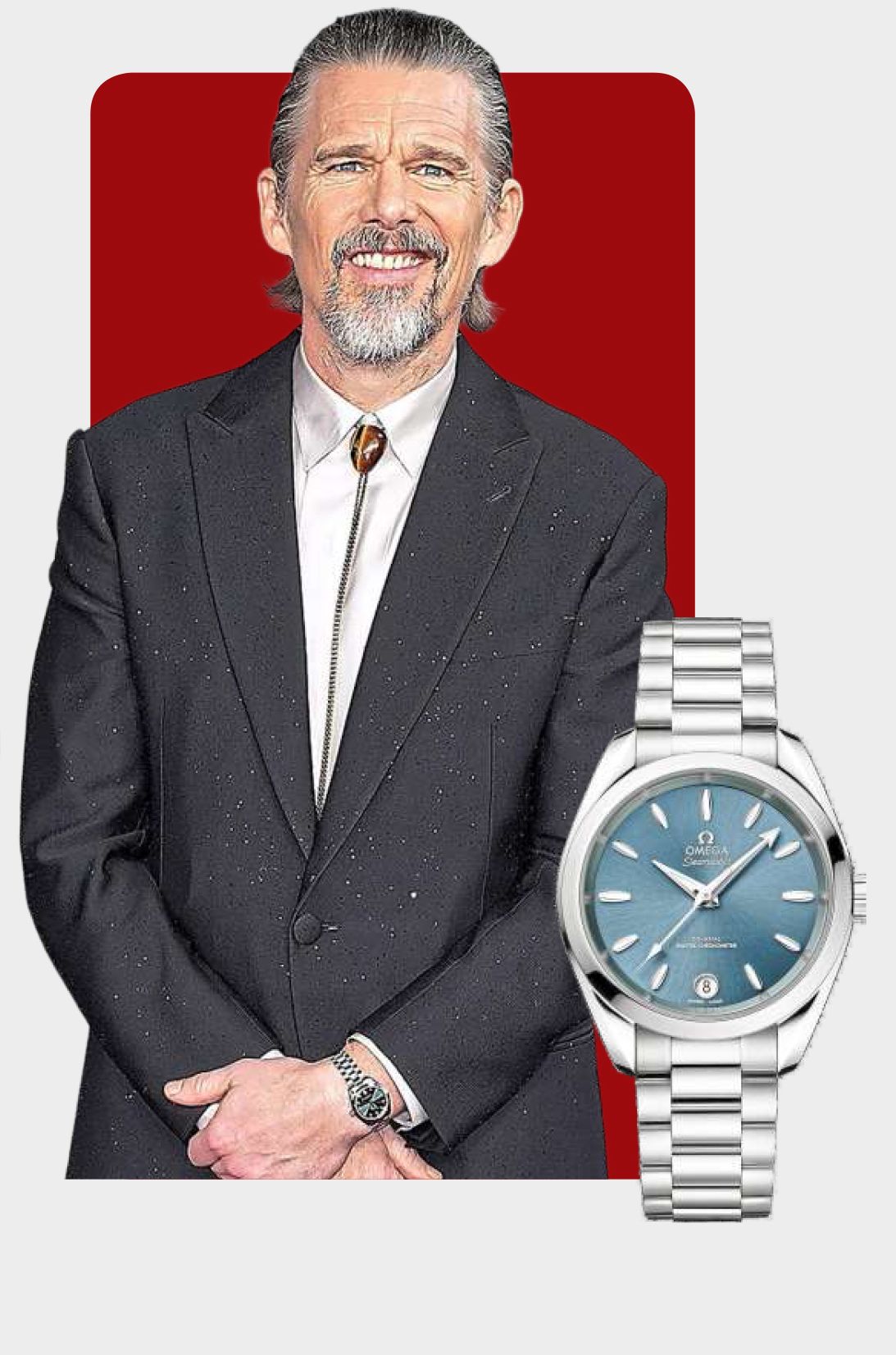 Ethan Hawke wears a 30mm Omega Seamaster Aqua Terra in stainless steel with a pine green dial. — Photo: Dominic Lipinski/Getty Images, courtesy of Omega