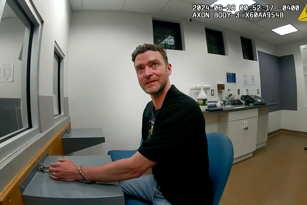 This police body cam still image provided by the Sag Harbor Police Department shows Justin Timberlake after his arrest by police in Sag Harbor.