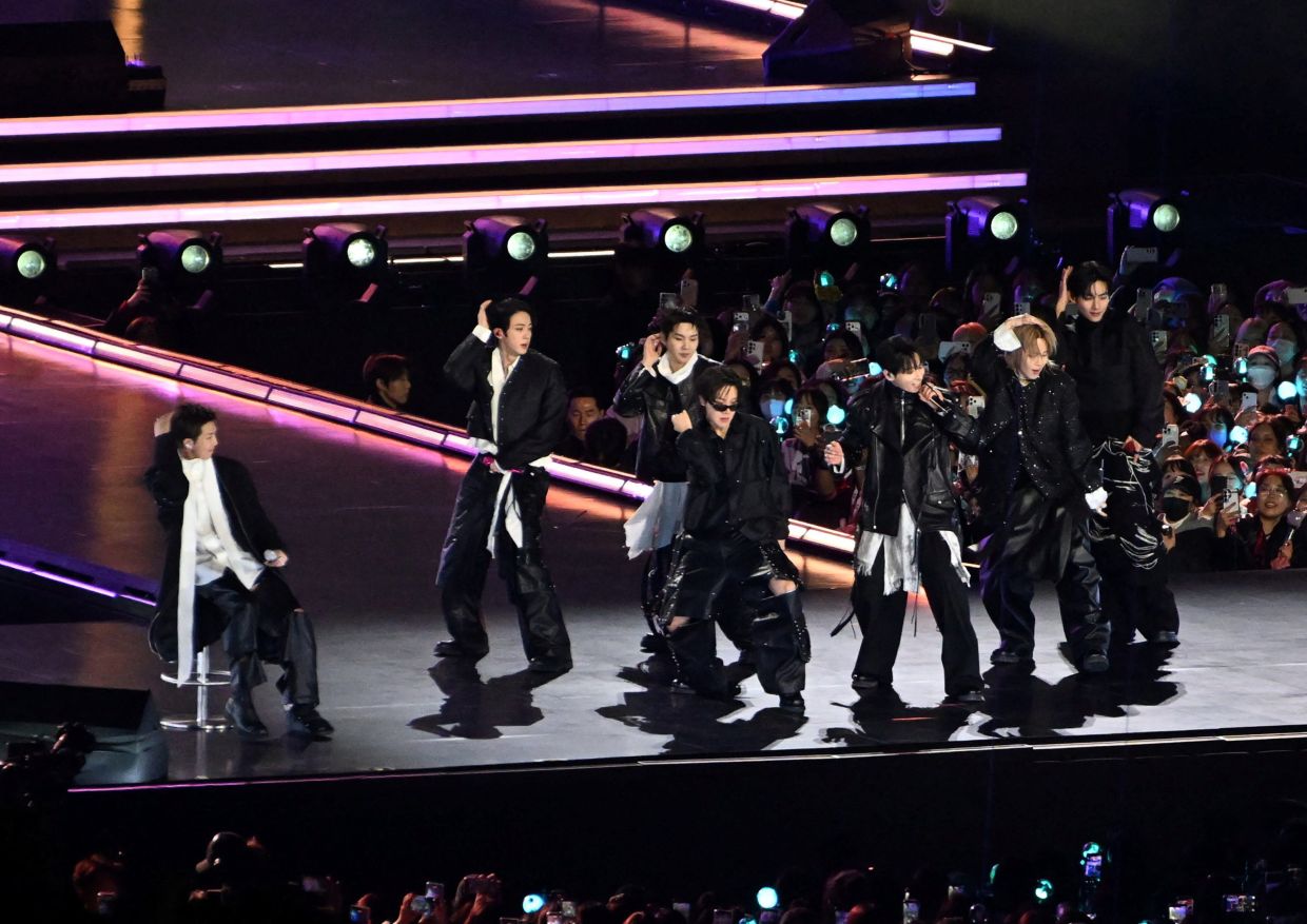 1. BTS members (from left) RM, Jin, Suga, J-Hope, Jung Kook, Jimin and V performing during their ‘BTS The Comeback Live Arirang’ concert in central Seoul, South Korea. — Reuters