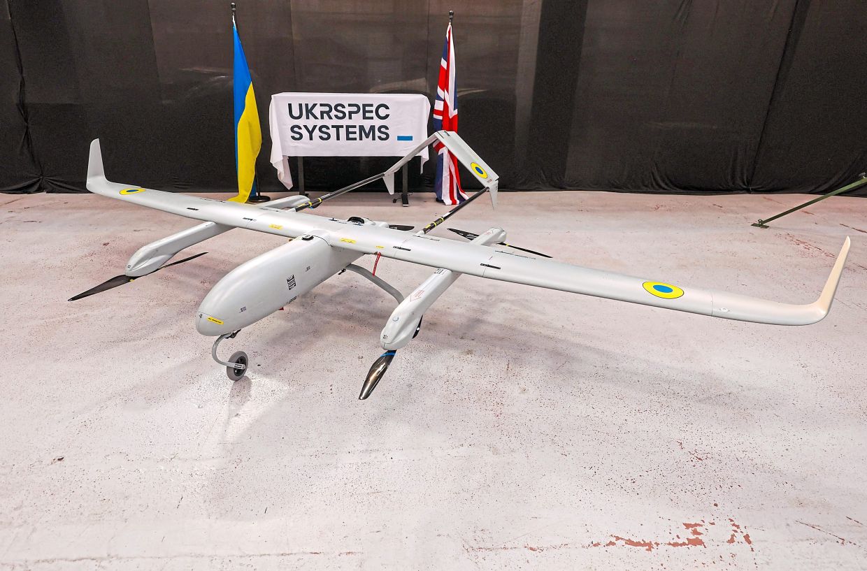 A Ukrspecsystems PD-2 UAS drone seen at the company’s UK factory near Cambridge. — AFP