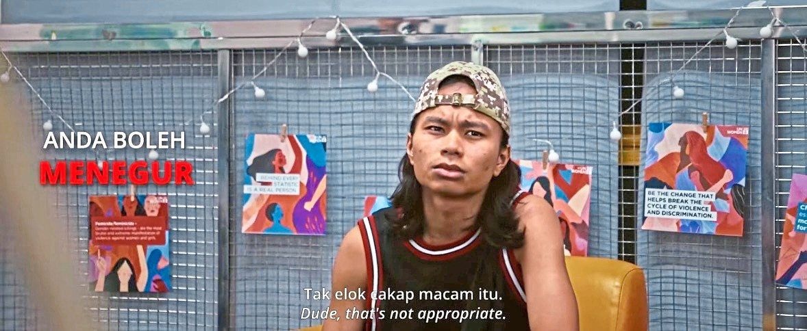 A still from the video showing a man directly calling out harassment (menegur). Photo: Women’s Aid Organisation