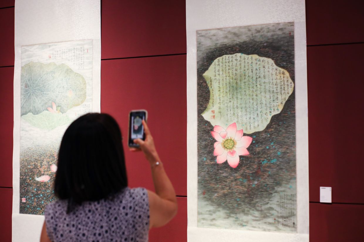 A view of the ‘Nanyang New Frontiers’ exhibition at Wisma Kebudayaan SGM in Kuala Lumpur. It features a diverse range of ink painting, calligraphy and seal engraving works. Photo: The Star/Leong Wai Yee 