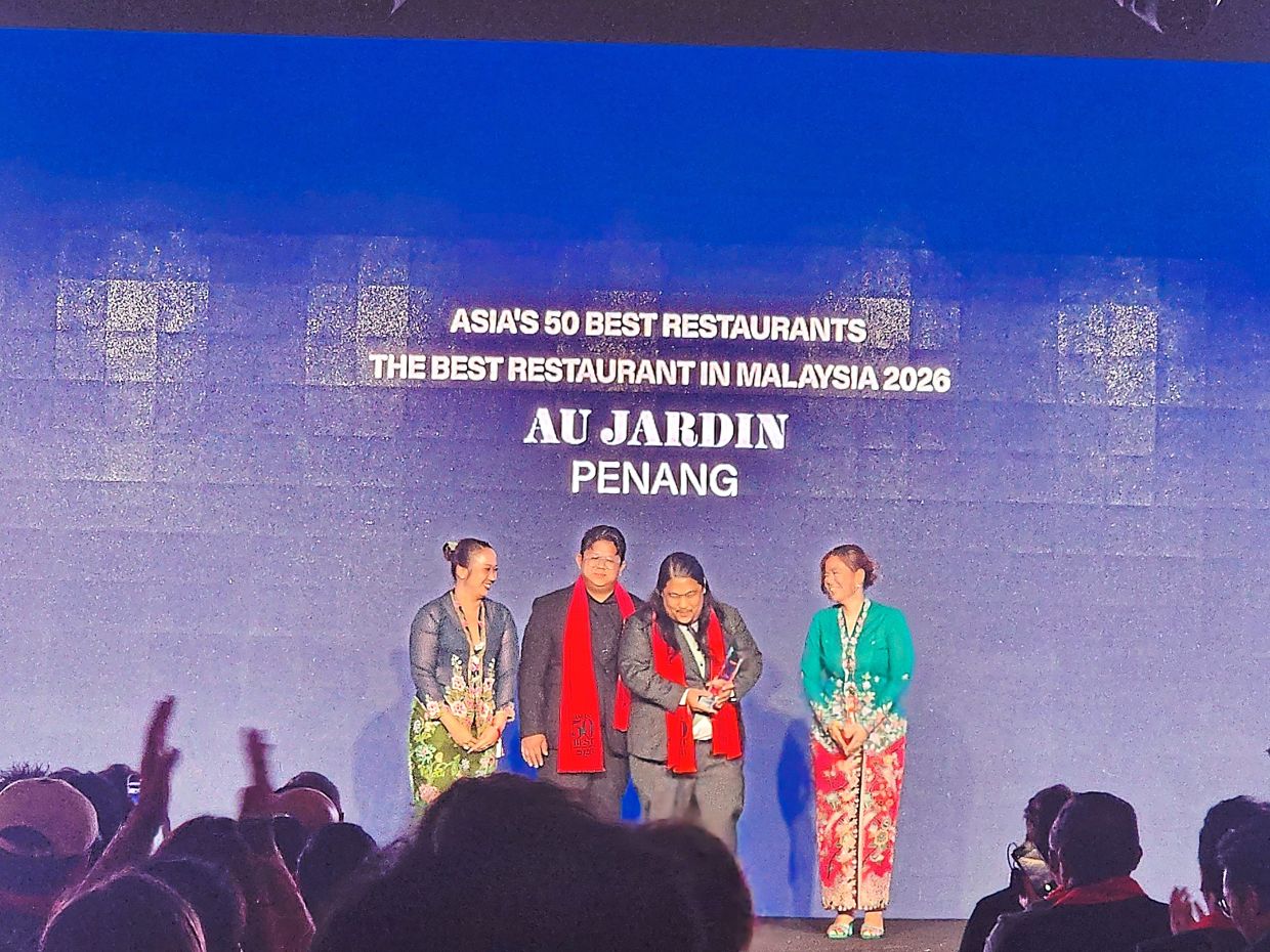The team behind Au Jardin accepting their award for best restaurant in Malaysia at the Asia's 50 Best Restaurants 2026 awards. Photo: ABIRAMI DURAI/The Star