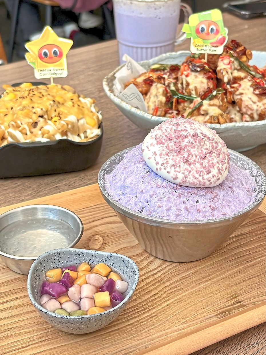 Ttokttok Sweet Corn Bulgogi (top left), Chilli K’runch Butter Yam (top, right) and Bora Taro Bingsoo from K Fry’s seasonal menu.