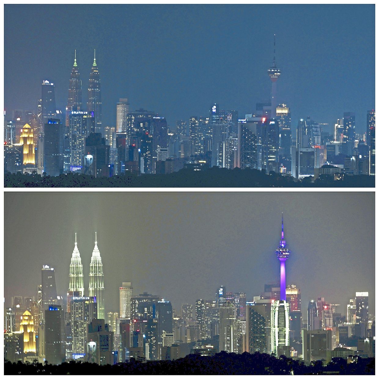 For a brighter future: A before (below) and after photo of the Kuala Lumpur skyline during Earth Hour 2026. — FAIHAN GHANI/The Star