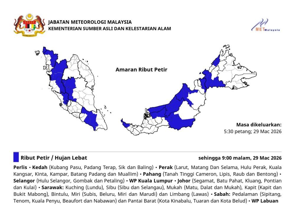 Thunderstorm, heavy rain warning issued for several states until 9pm (March 29)