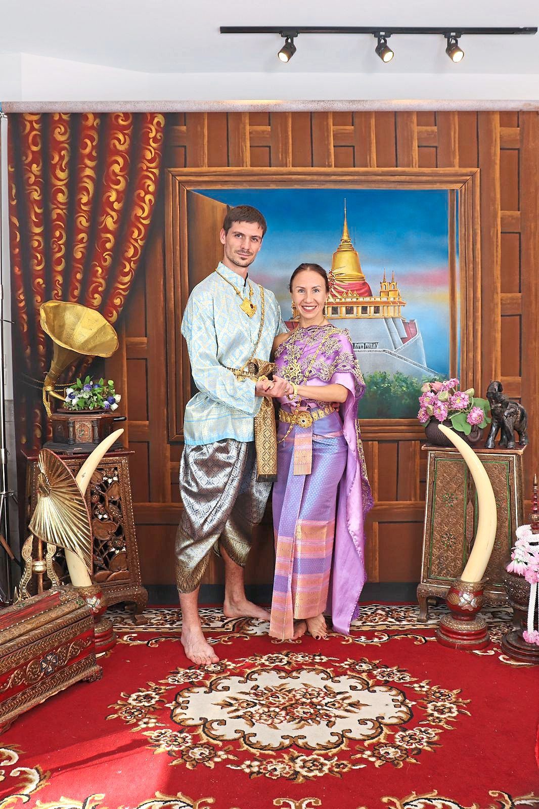 Kuryshova and her partner wearing traditional Thai clothing in Bangkok. — ANZHELA KURYSHOVA