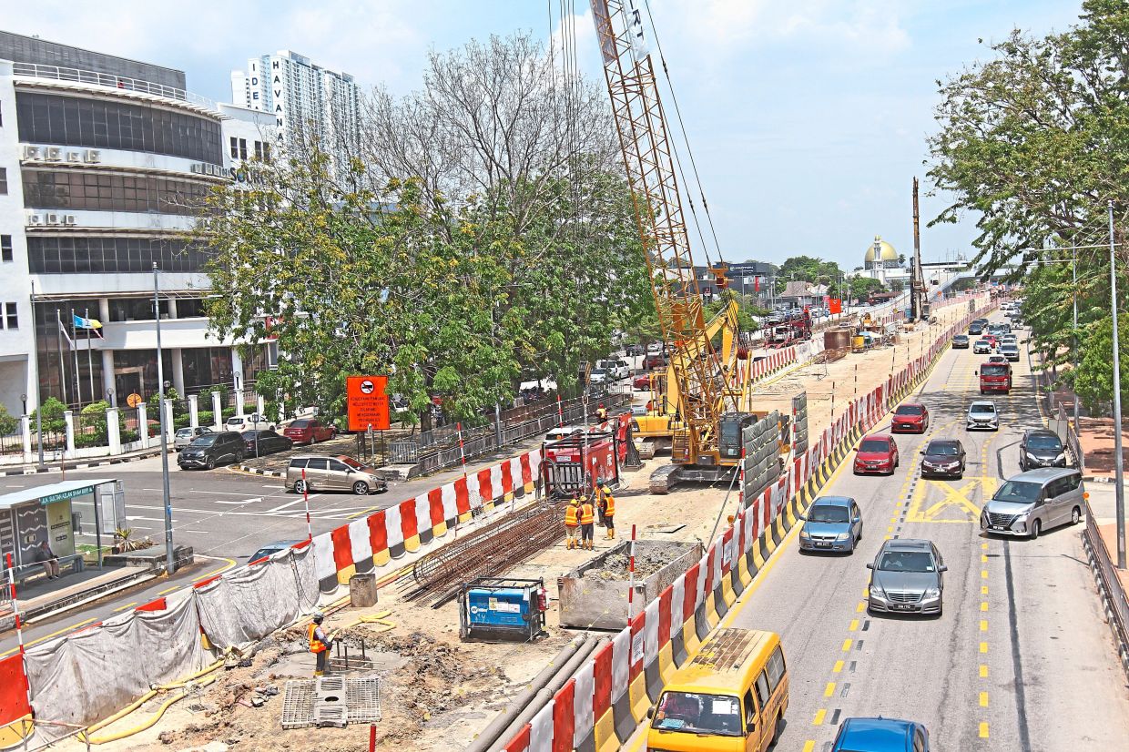 Construction of the Mutiara Line LRT project ongoing along Jalan Sultan Azlan Shah in Bayan Lepas.