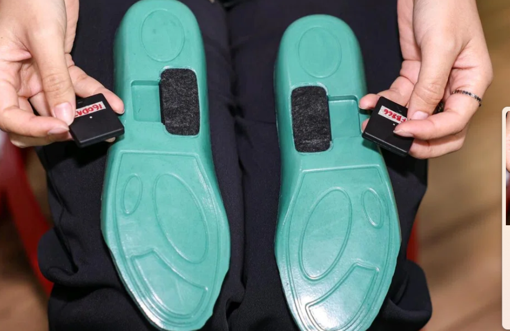 A close-up of the sensors that detect unsteady walking which are fitted within the insoles. - ST 