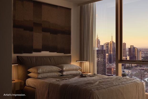 An artist’s impression of the master bedroom at Aura, showcasing expansive views of the Yarra River and Melbourne’s CBD skyline