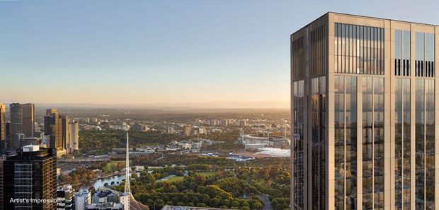 An artist’s impression of Aura, rising above Southbank with sweeping views of the Royal Botanic Gardens and Melbourne’s city skyline.