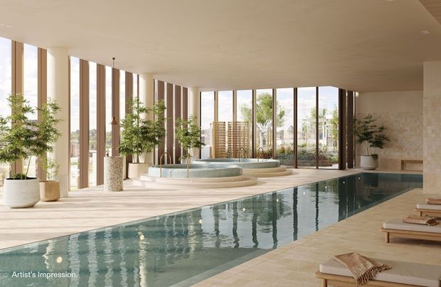 An artist’s impression of Aura’s indoor pool, designed to offer residents a tranquil wellness retreat in the heart of Southbank.