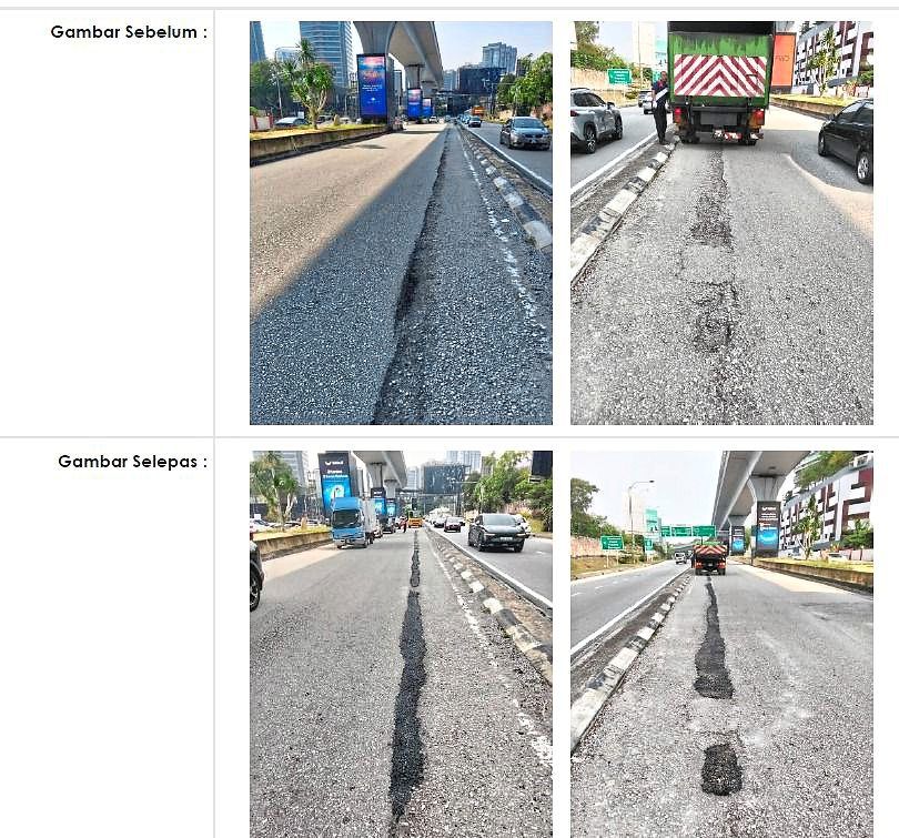 Two potholes connected by a large crack on Jalan Damansara, were only repaired after a complaint was lodged via the MyAdu DBKL portal, which then generated a PDF report that included before and after photos.