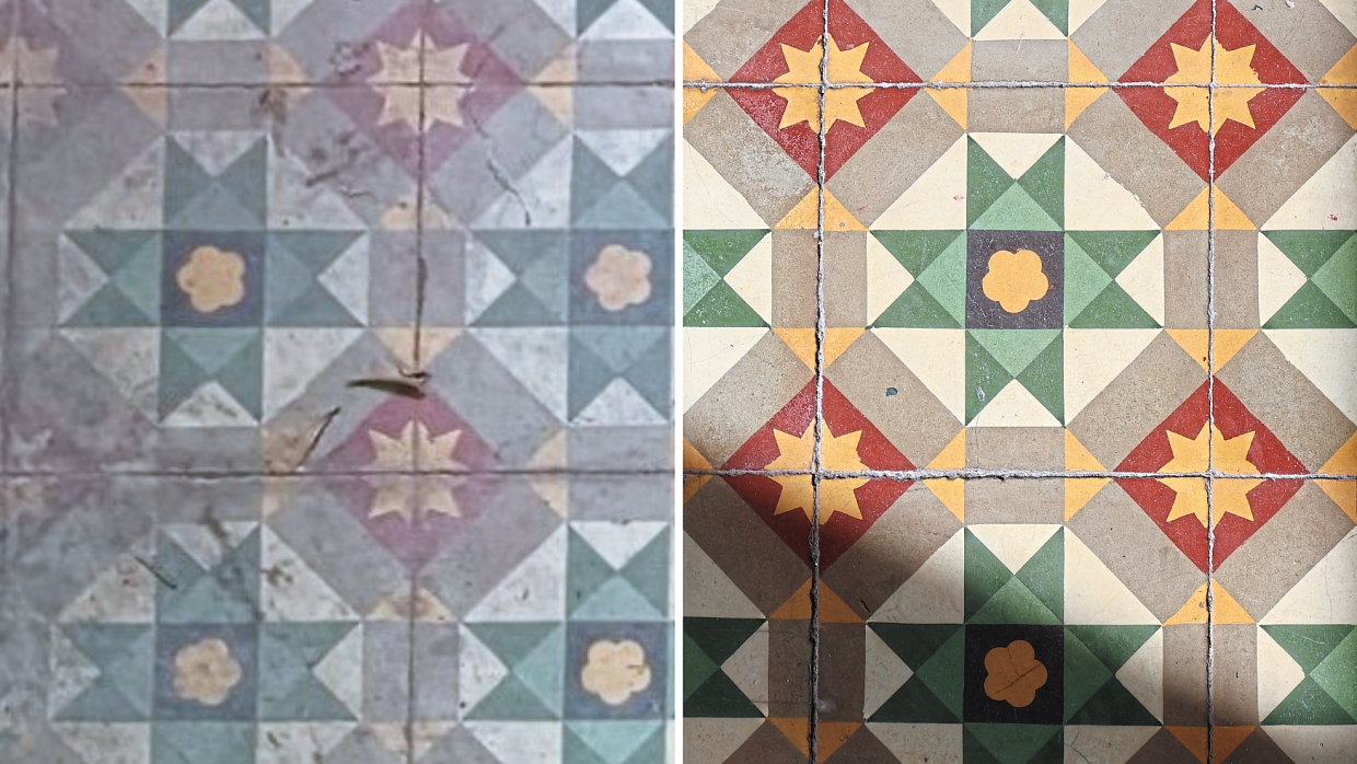 The rare Victorian-era minton tiles before restoration (left) and after restoration (right).