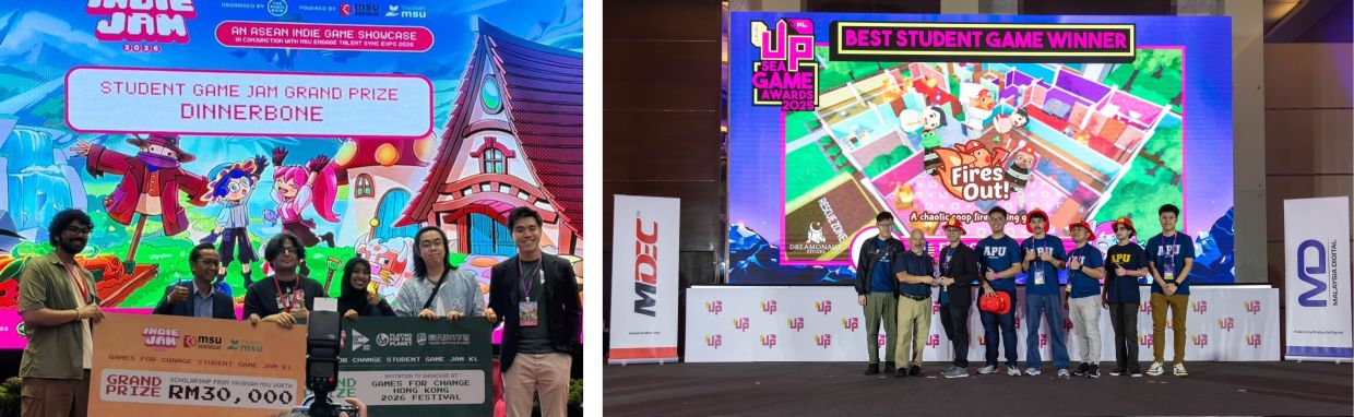 APU Game Development students continue their winning streak, recently securing the grand prize of a scholarship worth RM30,000 at the Games for Change Student Game Jam KL 2026 (left) and the Best Student Game title at the SEA Game Awards 2025 (right).