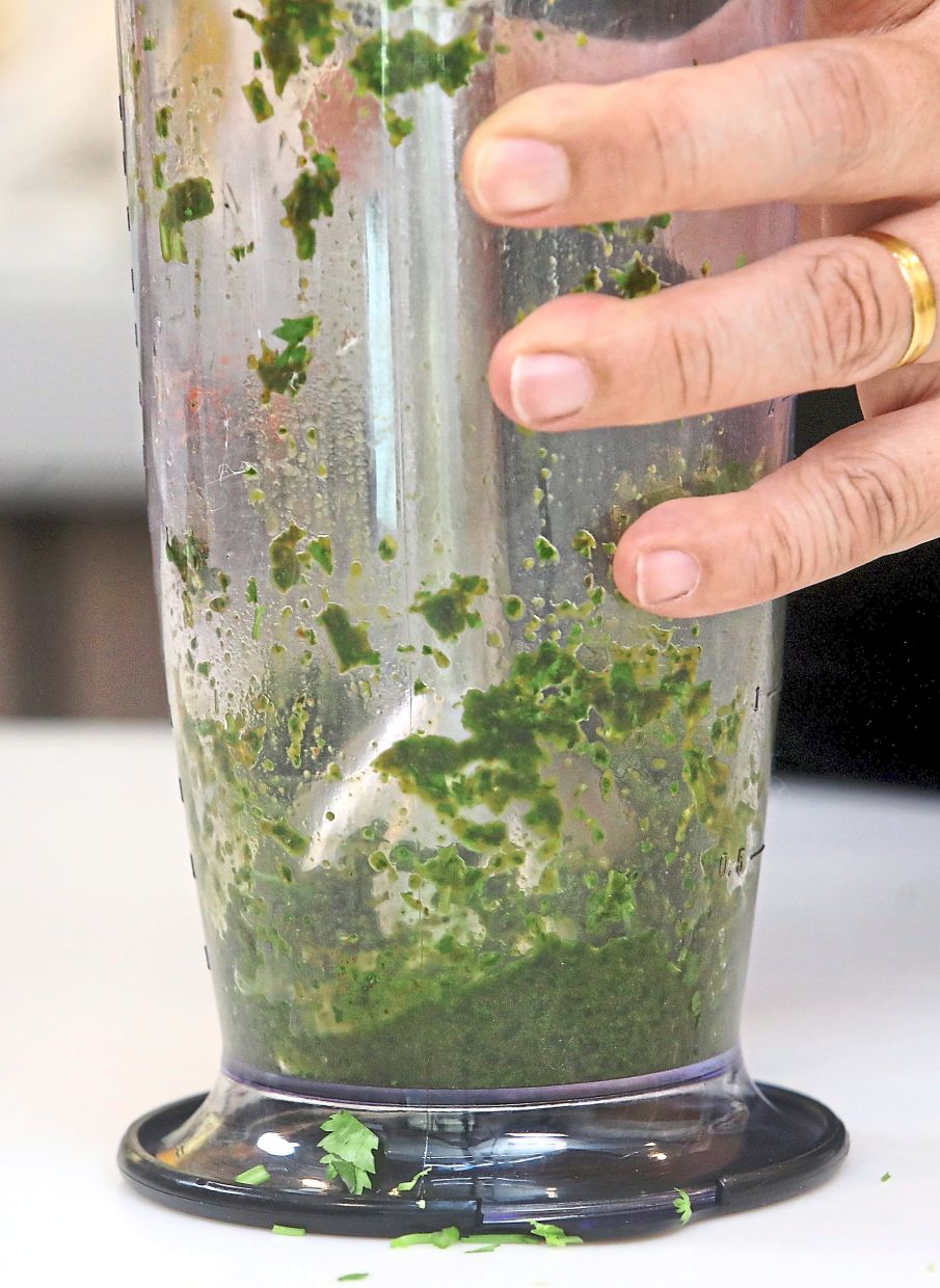 Coriander, mint, garlic, chilli powder, salt and Greek yoghurt blend into a refreshing dip.