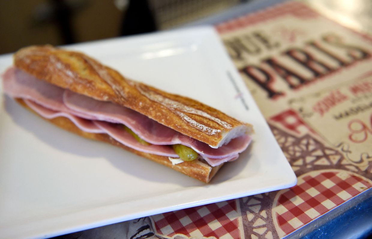 Aham sandwich, 'Jambon-Beurre' sandwich (ham and butter), on the zinc counter of a bar. – Photo by LOIC VENANCE/ AFP