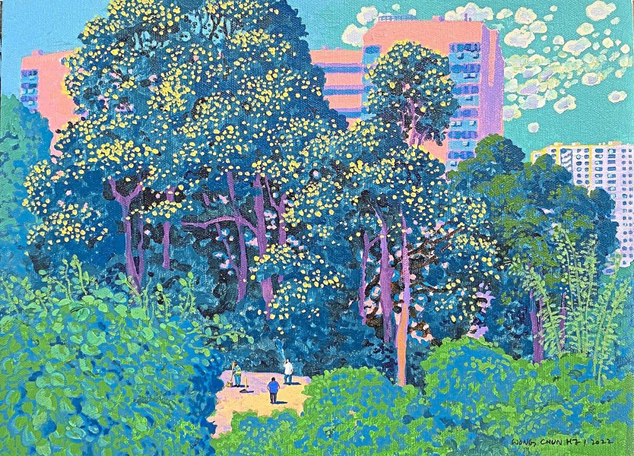Wong's painting titled 'The Blossom Trees' (2022). Photo: Stephen Wong Chun Hei 