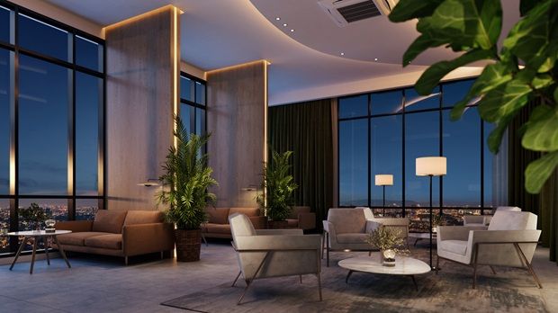Artist’s impression of the Alora Residences sky lounge with unobstructed skyline views, perfect for relaxing and enjoying elevated living.