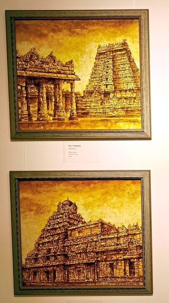 Two of Dr S. Chanthiran’s paintings of historic Hindu temples in south India.