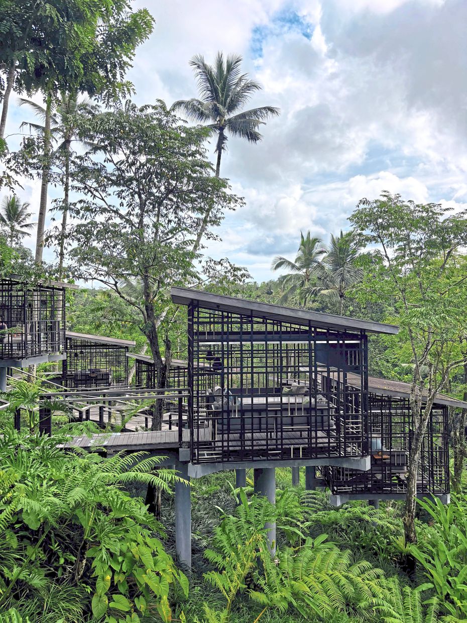 Overlooking the rainforest, the steel gazebos at Hoshinoya Bali offer guests a tranquil sense of seclusion.