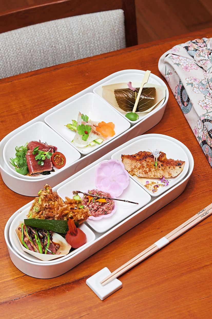 The hot (bottom) and cold courses balance freshness, texture and subtle flavour.