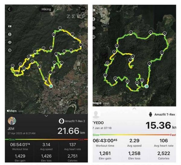 The T-Rex Trail (left) on the island and The Big Elephant Trail (right) In Bukit Mertajam seen on a smartwatch’s fitness tracker.