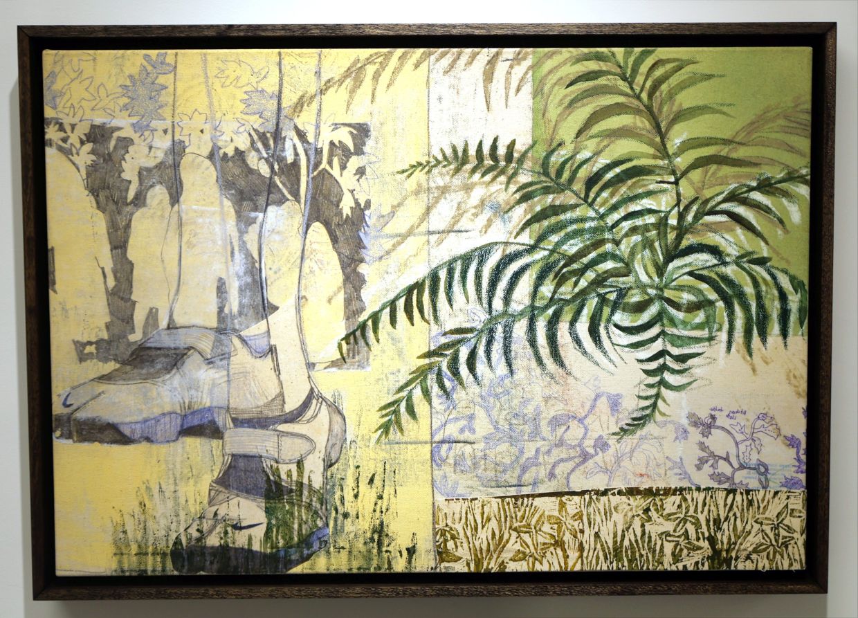 Alya Hatta's 'Page 1: Homecoming' (acrylic, oil pastel and graphite on canvas, 2026), which is part of her 'The Afterlife Of Ordinary Things' exhibition at Galeri Sasha in KL. Photo: The Star/Chan Tak Kong 