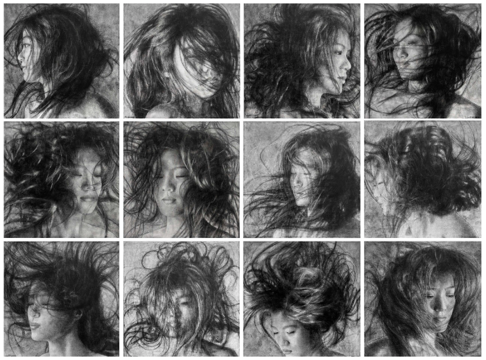 Chong Ai Lei's 'Hair Storm' (charcoal on canvas, 2025). Photo: G13 Gallery 