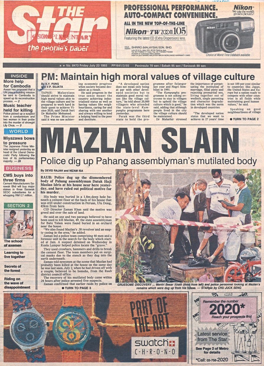 Front-page coverage of Mazlan’s murder published on July 23, 1993. — The Star