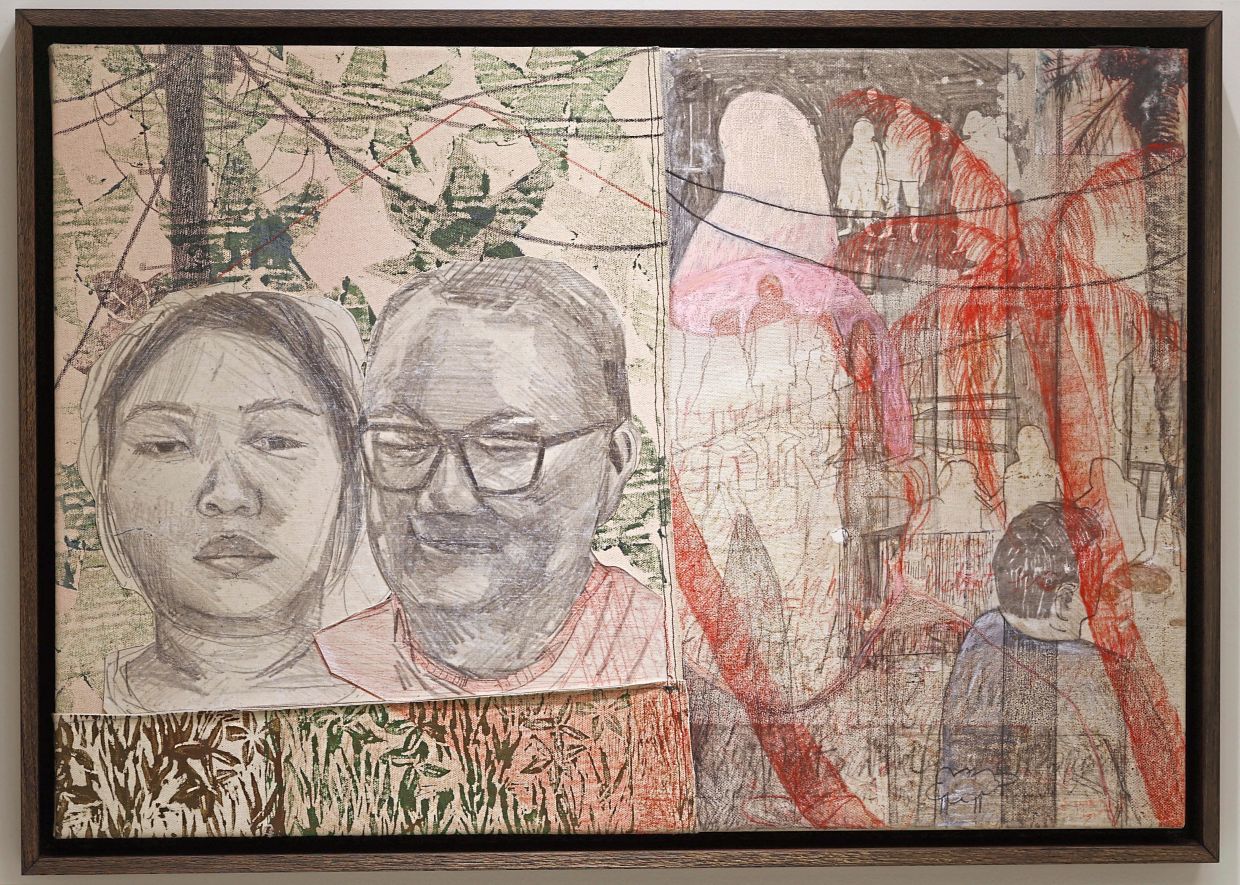 Alya’s 'Page VIII: Eleven PM' (acrylic, oil pastel, graphite and image transfer on canvas, 2026). Photo: The Star/Chan Tak Kong