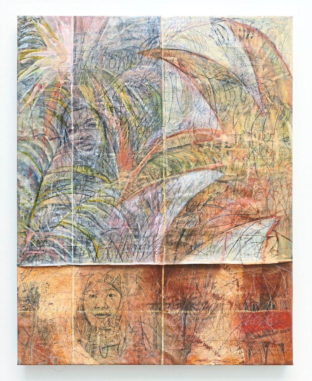 A close-up view of Alya’s artwork titled 'Chapter II: Home Away From Home' (acrylic, oil pastel, graphite and image transfer on canvas, 2026). Photo: Galeri Sasha