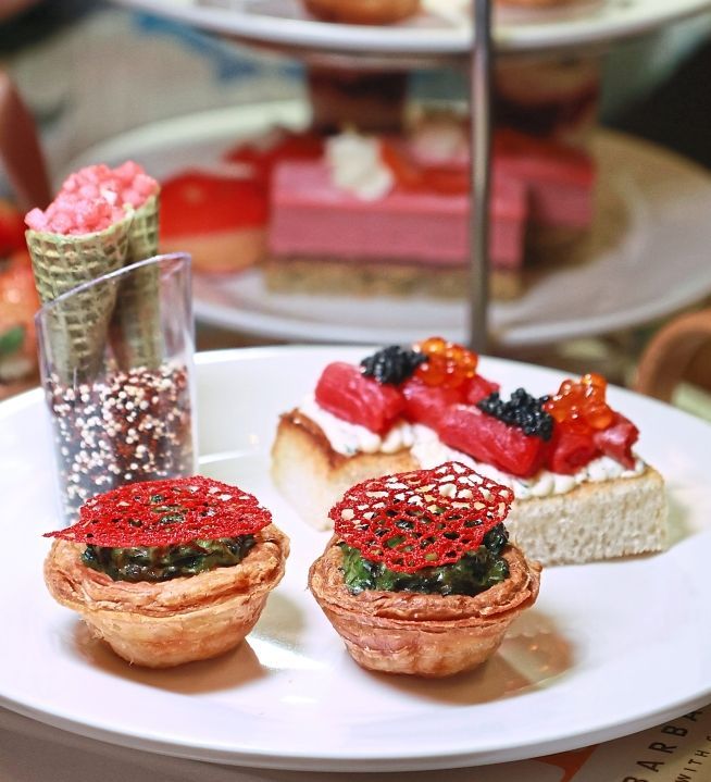 Clockwise from top left: Lime-scented compressed watermelon cone, strawberry-cured salmon ‘ikura’ on toast and baked spinach quiche.