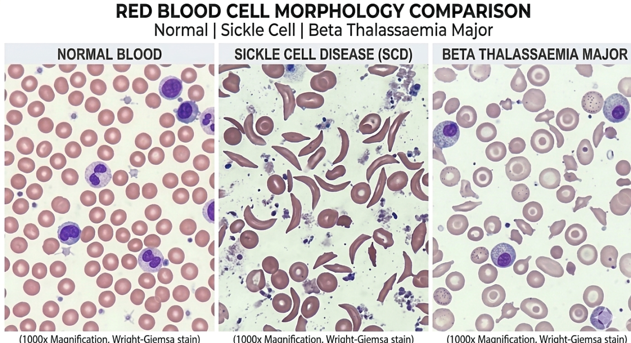 In both sickle cell disease and beta thalassaemia, the red blood cellsare affected – albeit differently – due to inherited genetic mutations. (This visual is human-created, AI-aided)