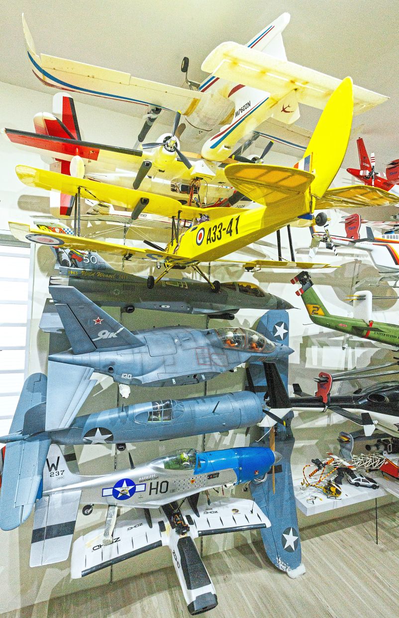 Razalie’s collection of remote-controlled airplanes and helicopters.