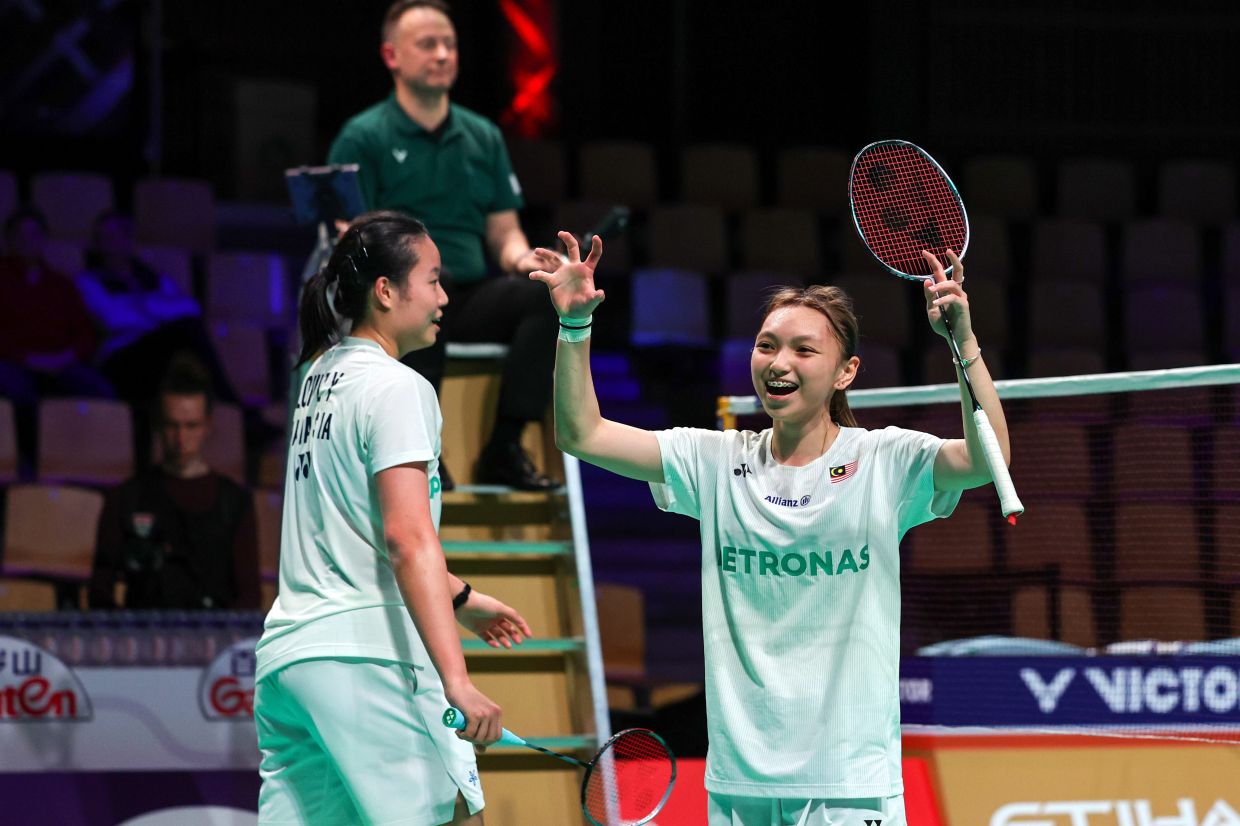 Big win: Malaysia women’s doubles pair Low Zi Yu and Noraqilah Maisarah Ramdan celebrate after defeating Rin Iwanaga and Kim Nakanishi at Forum Horsens. - Bernama