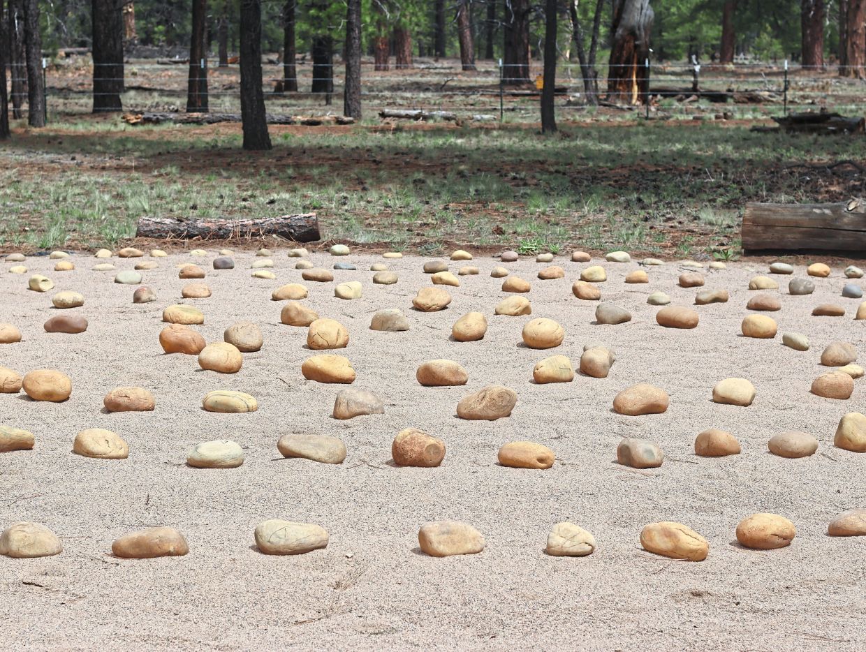 A stone labyrinth is part of the interactive experience at the trail.