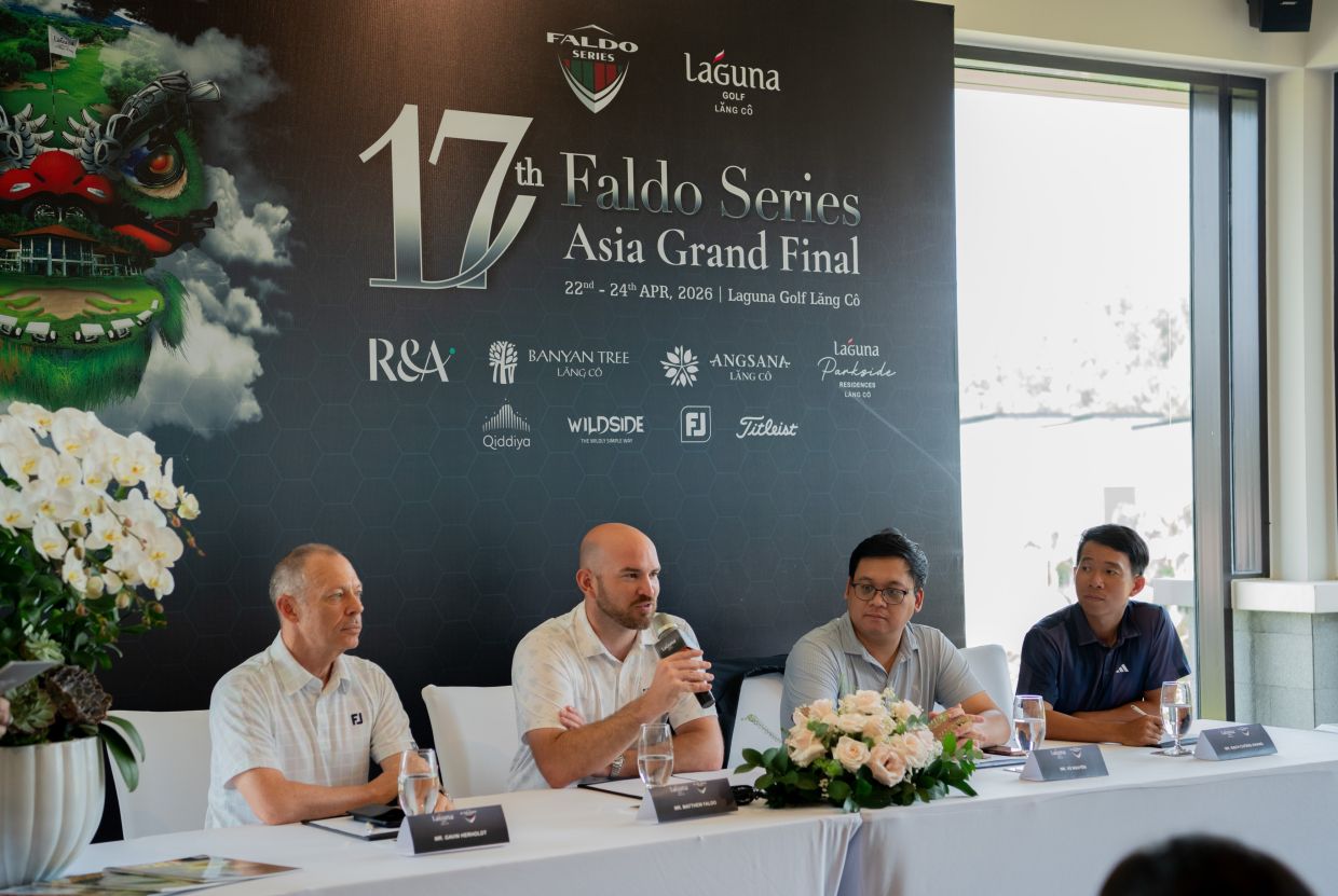 Left to right: Gavin Herholdt (Managing Director, Laguna Lang Co), Matthew Faldo (Director, Faldo Series), Vu Nguyen (Secretary General, Vietnam Golf Association) and Bach Cuong Khang (Chairman, National Referee Council, Vietnam Golf Association) speaking during the event.