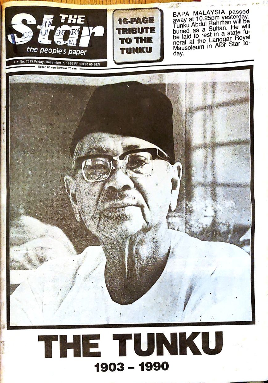 The Star's front page about Tunku Abdul Rahman’s passing. Photo: The Star