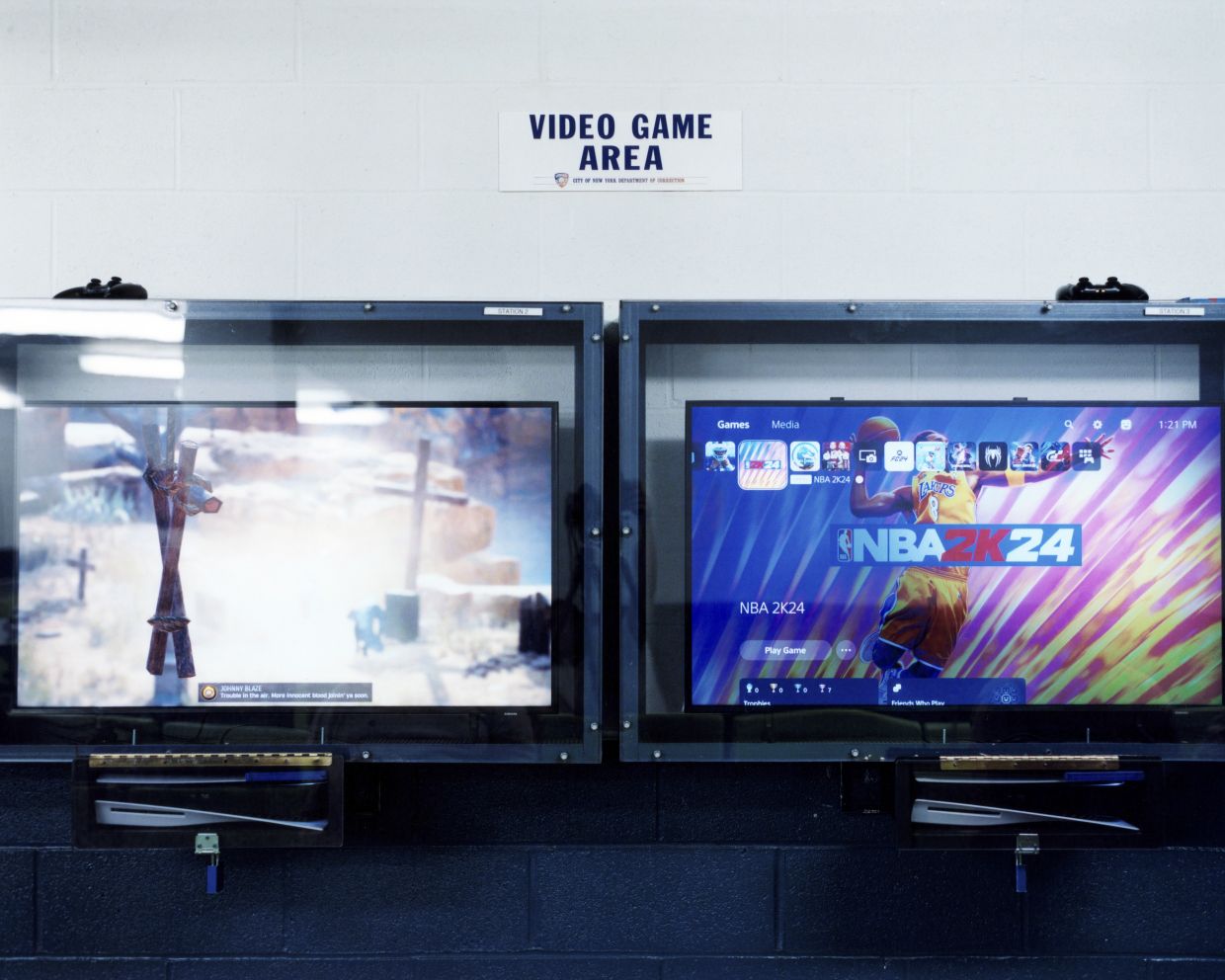 Video-game stations in the PEACE Center at Rikers Island, where sports games, such as NBA 2K, EA Sports UFC and Madden NFL, are popular, in New York, March 30, 2026.