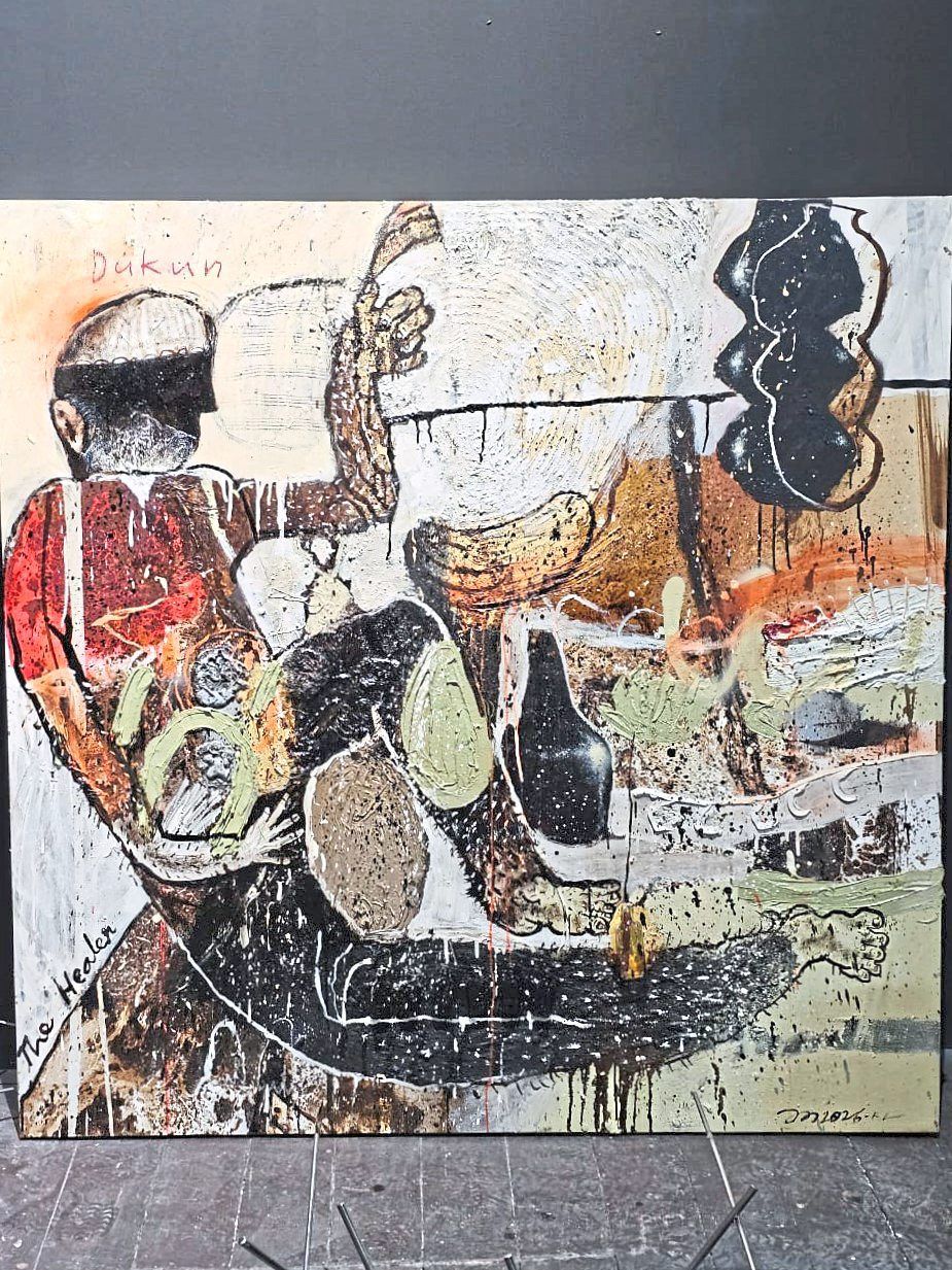 Jalaini Abu Hassan’s latest work 'Dukun' (acrylic, bitumen, sand, silicone sealant, polyurethane and glass on canvas, 2026), is featured in 'Dark Lupa' at the newly reopened Tali Art Gallery in Kuala Lumpur. Photo: Tali Gallery