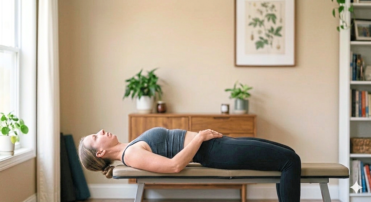 If an upright chin-tuck is too easy, you can proceed to the recumbent chin-tuck. F1 drivers typically add resistance bands or weighted harnesses strapped around the head to further increase the challenge. (This visual is human-created, AI-aided)