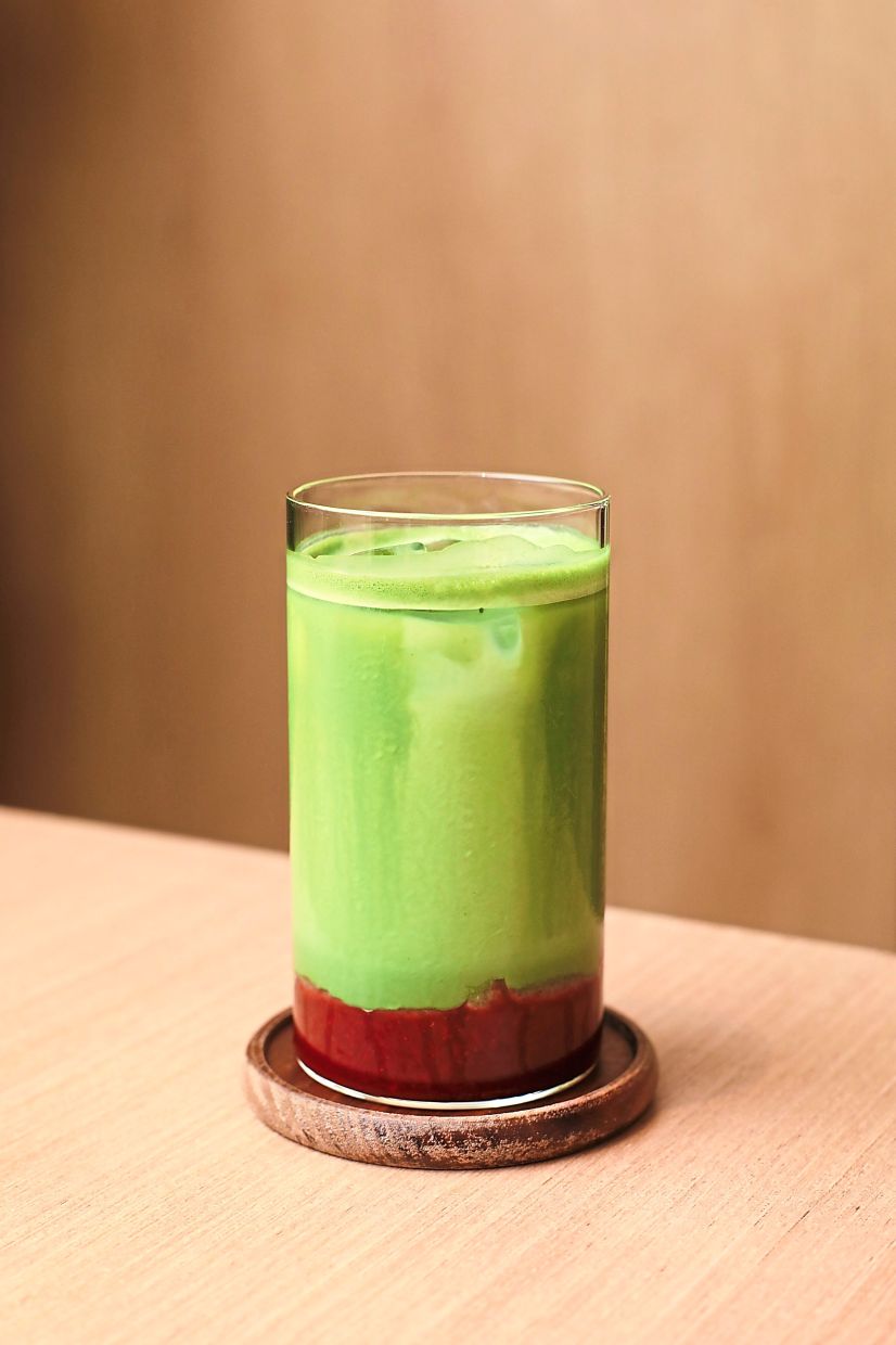 A harmonious blend of matcha and strawberry.
