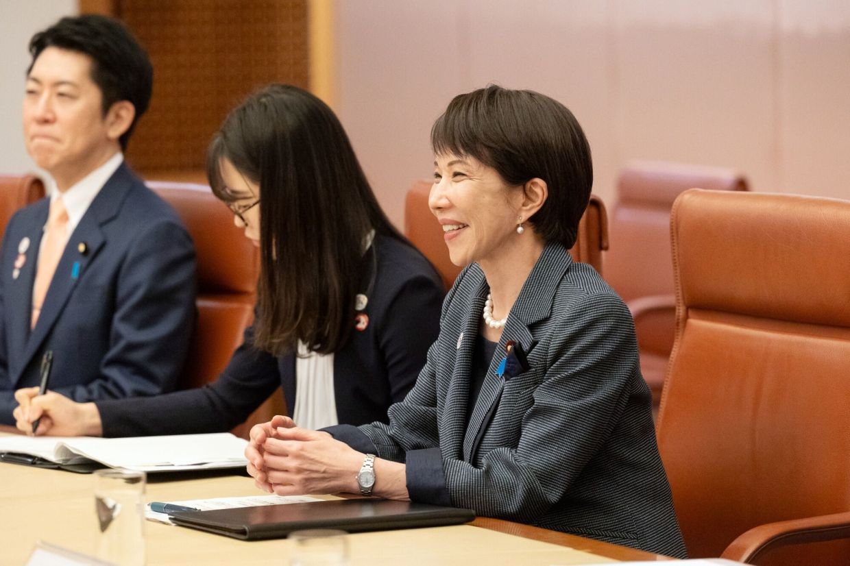 Sanae Takaichi, Japan's prime minister, speaks during a meeting with Anthony Albanese, Australia's prime minister, not pictured, at Parliament House in Canberra, Australia, on Monday, May 4, 2026. Takaichi is visiting Australia to strengthen ties with one of her country’s strongest allies as she seeks to build on an updated regional strategy laid out in Vietnam. -- Photographer: Hilary Wardhaugh/Bloomberg