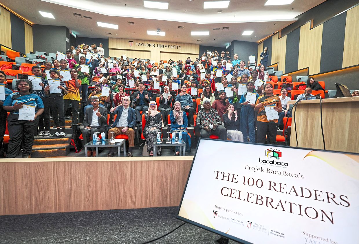 Some 100 pupils celebrating their success in Projek BacaBaca 2025 by Taylor’s University’s Education for All Impact Lab at the event in Subang Jaya.